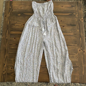 Women's Japera Strapless Leopard Print Wide Leg Jumpsuit XS White Blue Boho